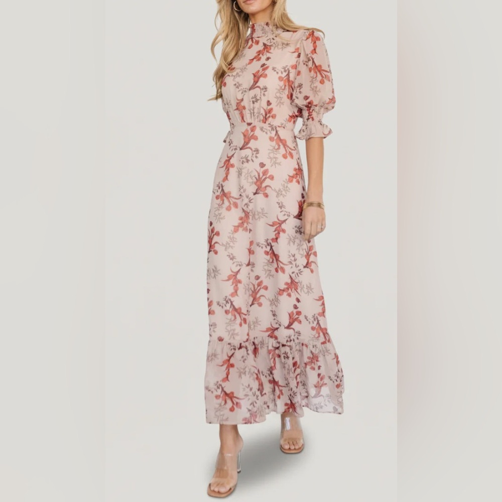 Baltic Born Marie Mock Neck Maxi Dress Blush with Pink Floral Print
